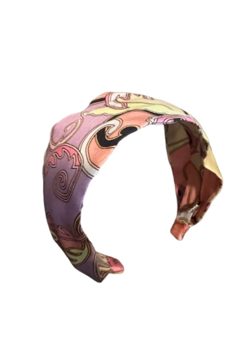 Talbots 100% Silk Padded Headband Mod Scroll Print Pink Lavender 3” Wide
